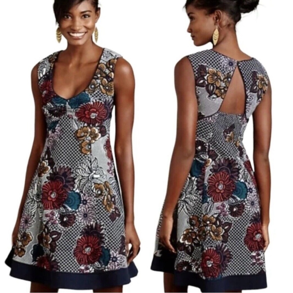 Maeve Navy Floral Fairchild Sleeveless Keyhole Back Cotton Blend Textured Dress